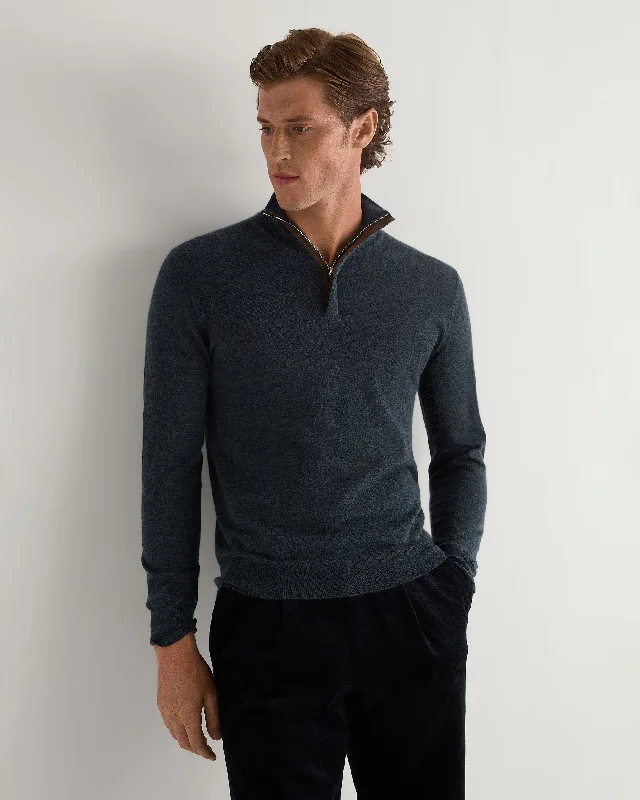 Men's sustainable sweater-Men's modern fitness t-shirt-Men's Regent Fine Gauge Cashmere Half Zip Sweater Azurine Blue