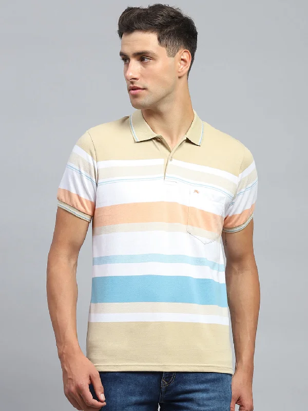 Men's eco-friendly gym t-shirt-Men Beige Stripe Collar Half Sleeve T-Shirt