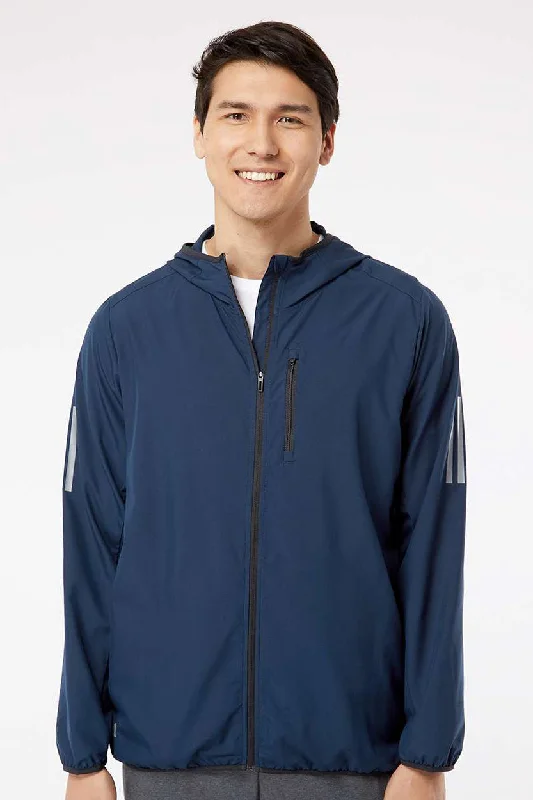 Men's regular fit jacket-Men's premium workout t-shirt-Adidas Mens Full Zip Hooded Windbreaker Jacket - Collegiate Navy Blue