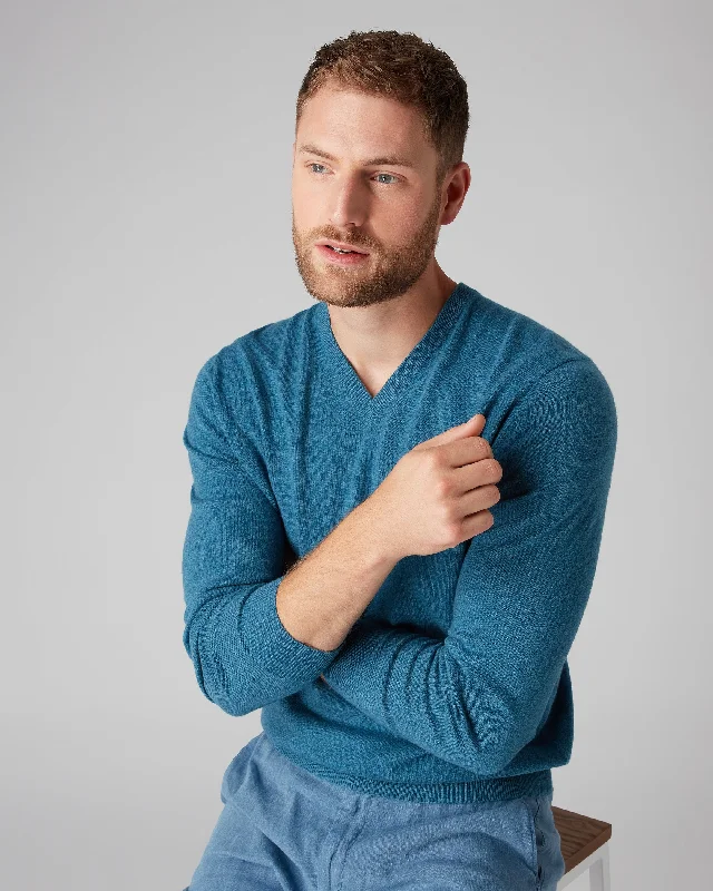 Men's moisture-wicking sweater-Men's comfortable exercise t-shirt-Men's The Burlington V Neck Cashmere Sweater Blue Wave