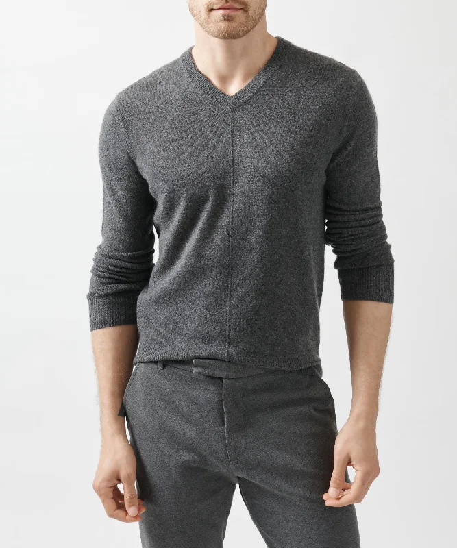 Men's organic cotton sweater-Men's durable sports t-shirt-Recycled Cashmere Exposed Seam V-Neck Sweater - Heather Charcoal