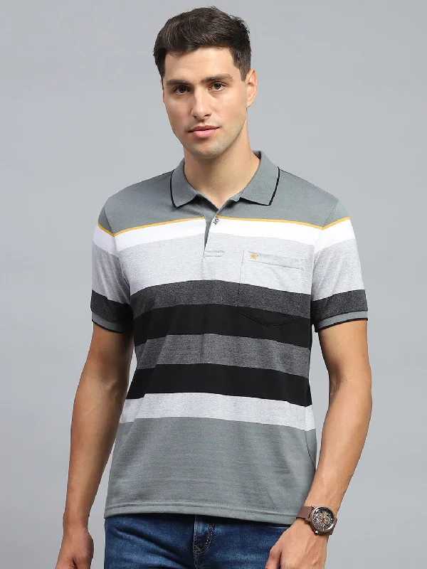 Men's high-performance workout t-shirt-Men Grey Stripe Collar Half Sleeve T-Shirt