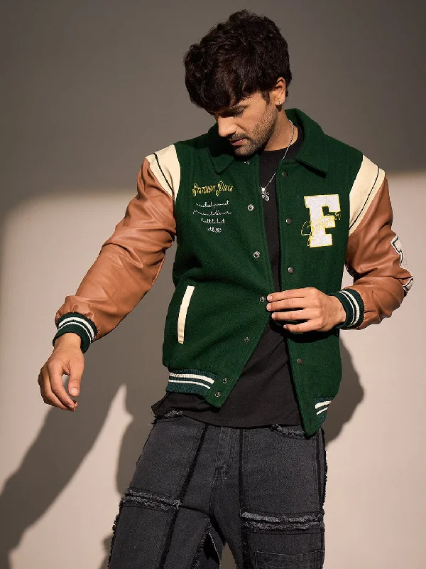 Men's blazer jacket-Men's summer fitness t-shirt-Green Statement Woollen Varsity Jacket