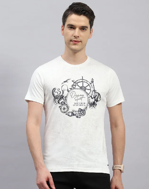 Men's premium workout t-shirt-Men White Printed Round Neck Half Sleeve T-Shirt