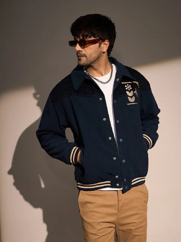 Men's suede jacket-Men's performance sports t-shirt-Navy Polar Fleece Varsity Jacket