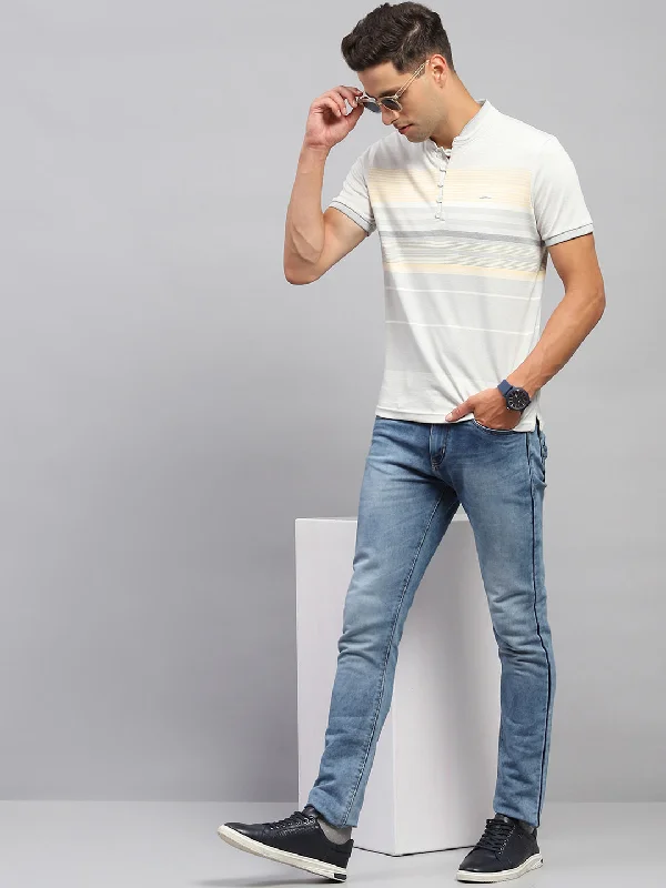 Men's casual athletic wear t-shirt-Men Multicolor Stripe Mandarin Neck Half Sleeve T-Shirt