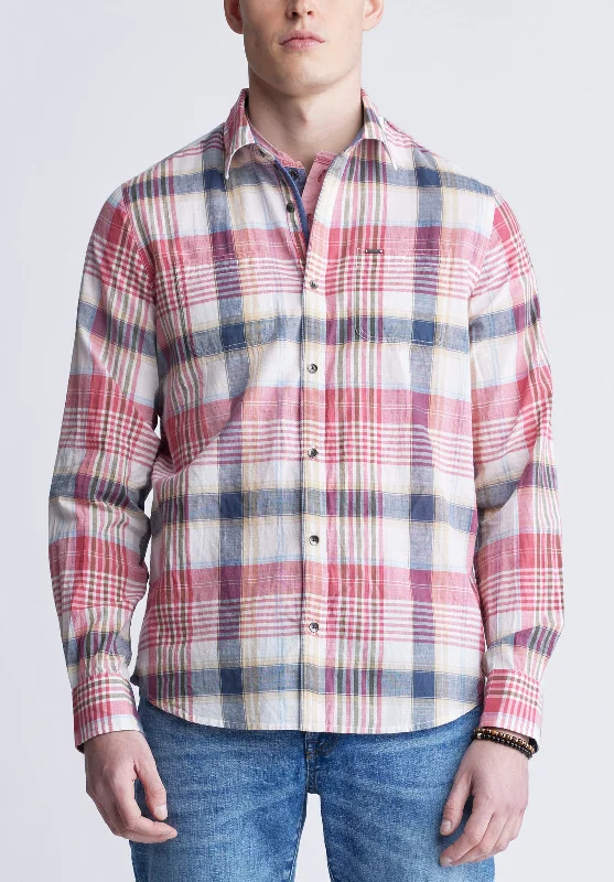 Men's oversized shirt-Men's durable sports t-shirt-Sizar Men's Long Sleeve Plaid Shirt, White with Pink and Blue - BM24370