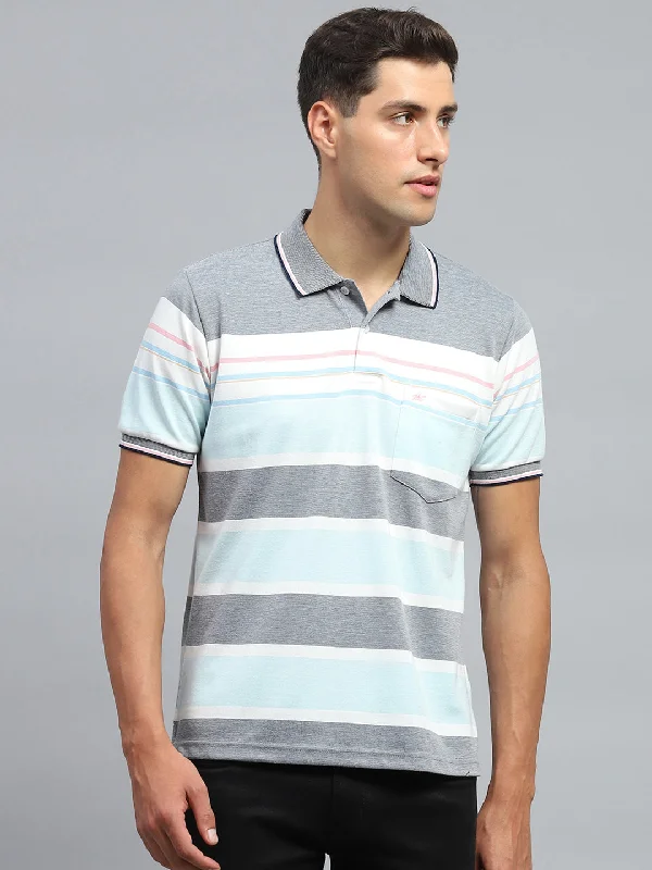 Men's organic athletic t-shirt-Men Blue Stripe Collar Half Sleeve T-Shirt