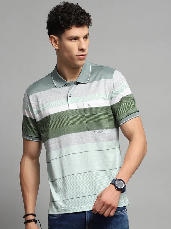 Men's relaxed fit performance t-shirt-Men Green Stripe Collar Half Sleeve T-Shirt