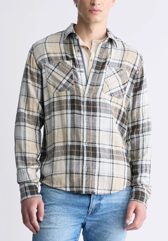 Men's fitted shirt-Men's breathable performance t-shirt-Saolo Men's Long-Sleeve Plaid Shirt, Tan - BM24425