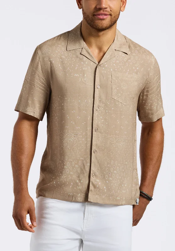 Men's high-end shirt-Men's comfortable exercise t-shirt-Sandro Men's Lightweight Short-Sleeve Button-Up Bandana Print Camp Shirt, Tuffet Beige - BM24554