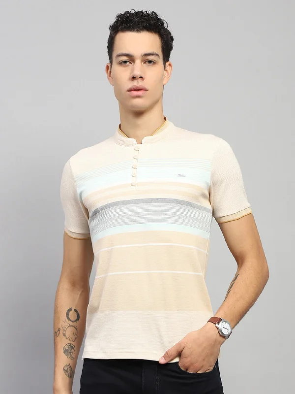 Men's casual athletic wear t-shirt-Men Beige Stripe Band Collar Half Sleeve T-Shirt