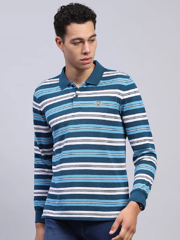 Men's comfortable exercise t-shirt-Men Blue Stripe Collar Full Sleeve Winter T-Shirt