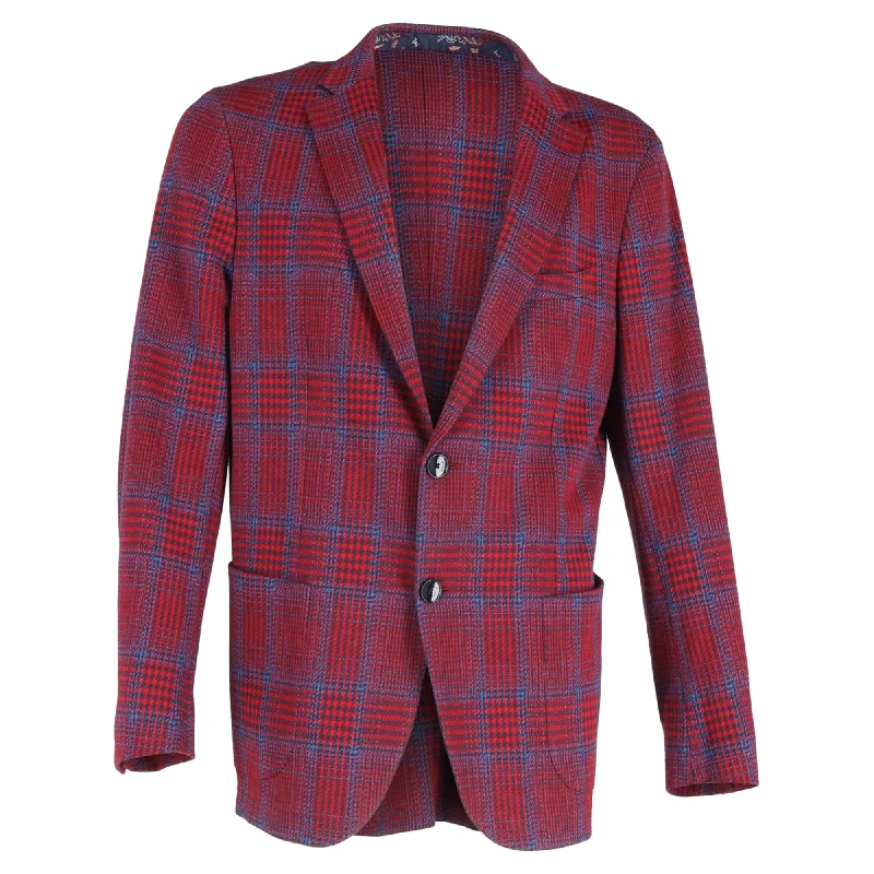 Men's outdoor jacket-Men's modern fitness t-shirt-Etro Houndstooth Single-Breasted Blazer in Red Wool