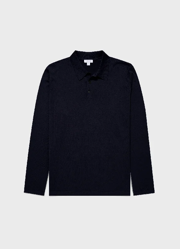 Men's performance knit-Men's casual athletic wear t-shirt-Men's Sea Island Cotton Long Sleeve Polo Shirt in Light Navy