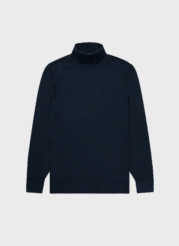 Men's travel knit-Men's organic athletic t-shirt-Men's Extra-Fine Merino Roll Neck in Light Navy