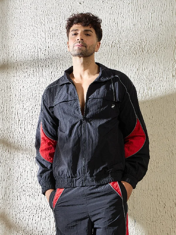 Men's modern jacket-Men's durable sports t-shirt-Black and Red Crinkle Windbreaker Jacket