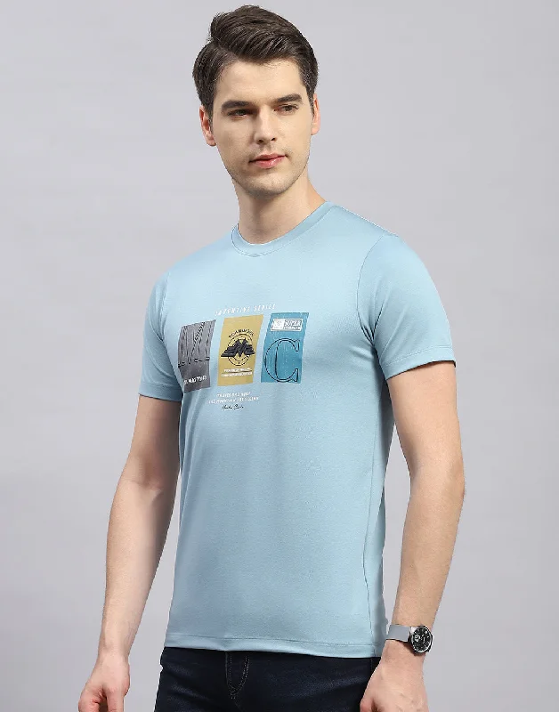 Men's ultra-breathable gym t-shirt-Men Sky Blue Printed Round Neck Half Sleeve T-Shirt