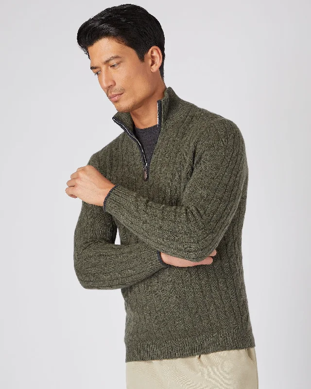 Men's hemp sweater-Men's quick-dry athletic t-shirt-Men's Cable Half Zip Cashmere Sweater Moss Green