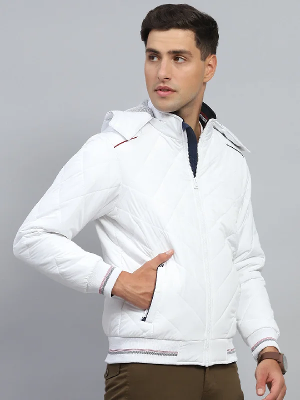 Men's everyday jacket-Men's active lifestyle t-shirt-Men White Solid Hooded Full Sleeve Jacket