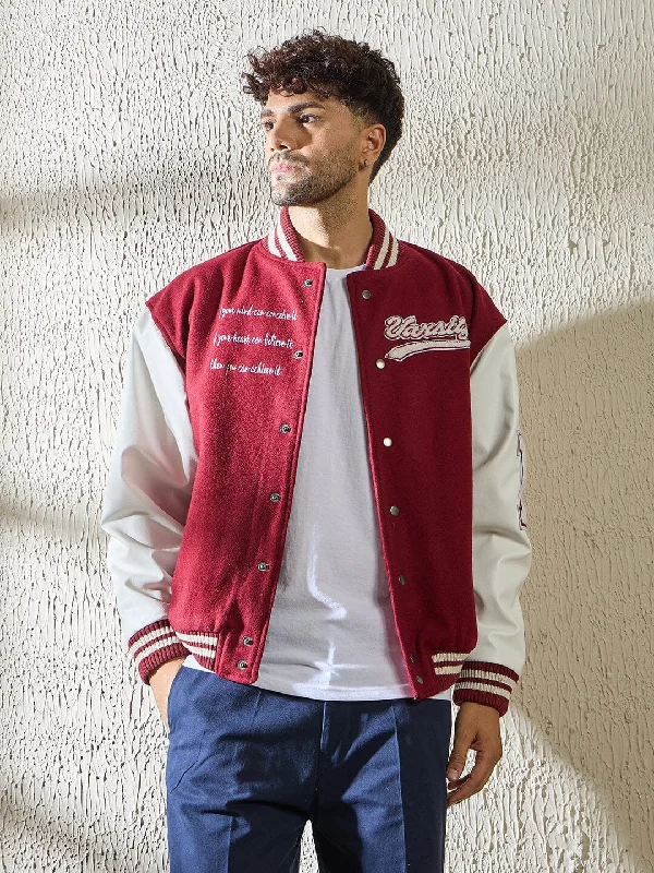 Men's windbreaker jacket-Men's ultra-breathable gym t-shirt-Maroon Statement Woollen Varsity Jacket