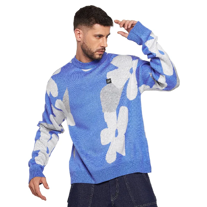 Men's loungewear knit-Men's tech fabric workout wear t-shirt-Sky Blue Floral Oversized Sweater