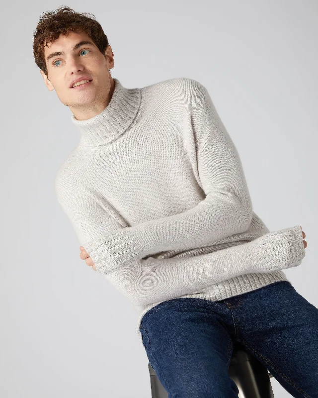 Men's winter sweater-Men's sporty exercise t-shirt-Men's Chunky Turtle Neck Cashmere Sweater Snow Grey