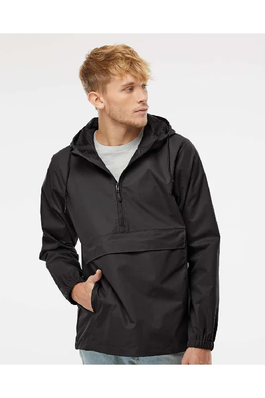 Men's all-season jacket-Men's gym performance t-shirt-Independent Trading Co. Mens 1/4 Zip Waterproof Hooded Anorak Jacket - Black