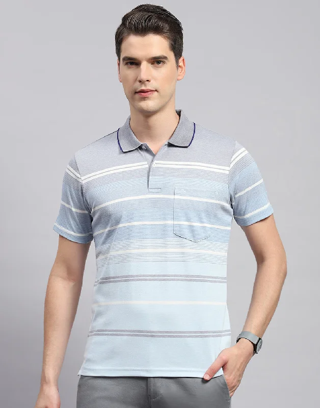 Men's active lifestyle t-shirt-Men Sky Blue Stripe Collar Neck Half Sleeve T-Shirt