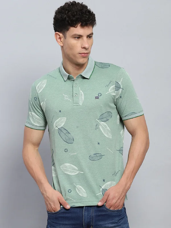 Men's active lifestyle t-shirt-Men Green Printed Collar Half Sleeve T-Shirt