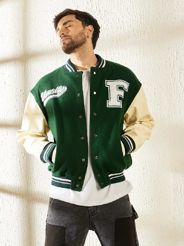 Men's streetwear jacket-Men's eco-friendly gym t-shirt-Green Woollen Faux Leather Sleeves Letterman Varsity Jacket