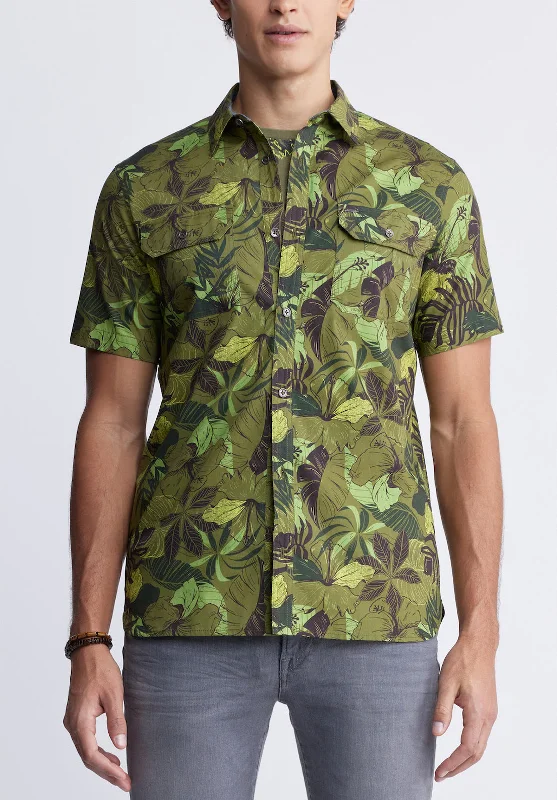 Men's long sleeve shirt-Men's active lifestyle t-shirt-Sayool Men’s Short-Sleeve Printed Shirt in Sphagnum Green - BM24282