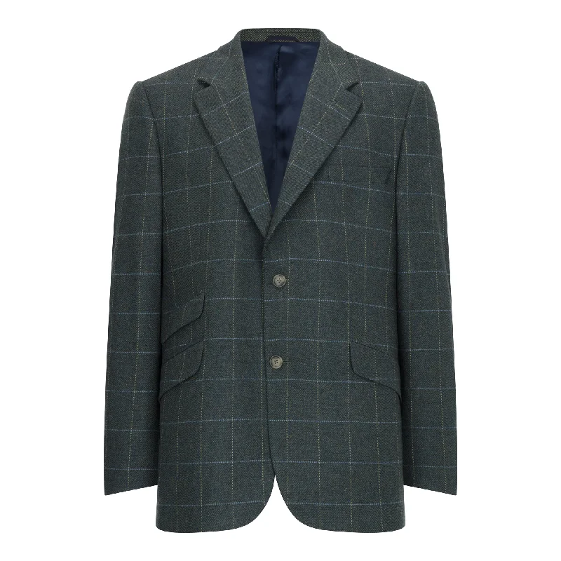 Men's double-breasted jacket-Men's eco-friendly gym t-shirt-Teal Windowpane James Classic Gents Tweed Jacket