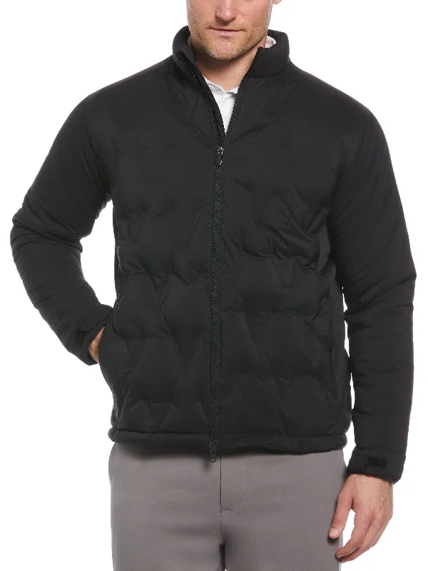 Men's single-breasted jacket-Men's casual athletic wear t-shirt-Mens Welded Chevron Print Full Zip Puffer Golf Jacket