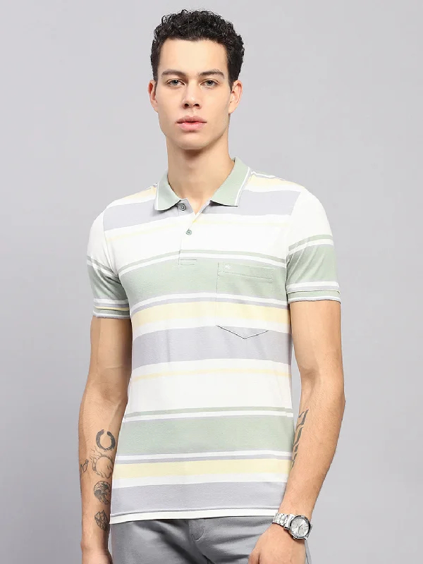 Men's summer fitness t-shirt-Men Green Stripe Collar Half Sleeve T-Shirt