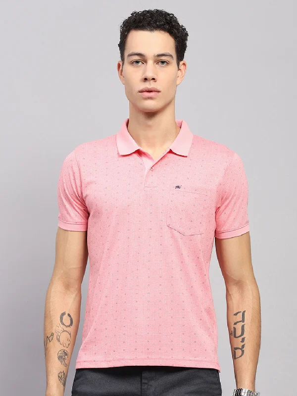 Men's performance sports t-shirt-Men Pink Printed Collar Half Sleeve T-Shirt