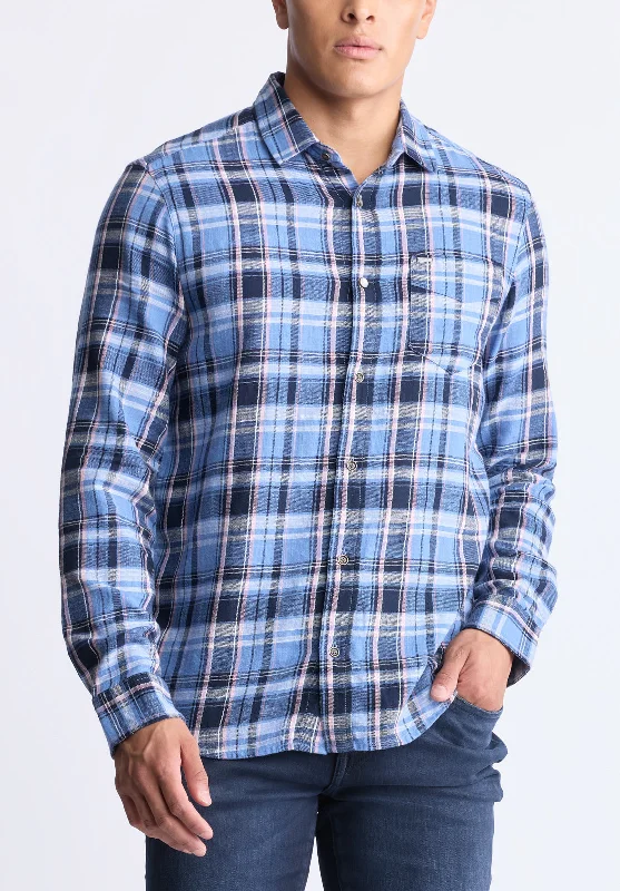 Men's denim shirt-Men's organic athletic t-shirt-Saroz Men's Classic Plaid Button-Up Shirt, Midnight blue - BM24499