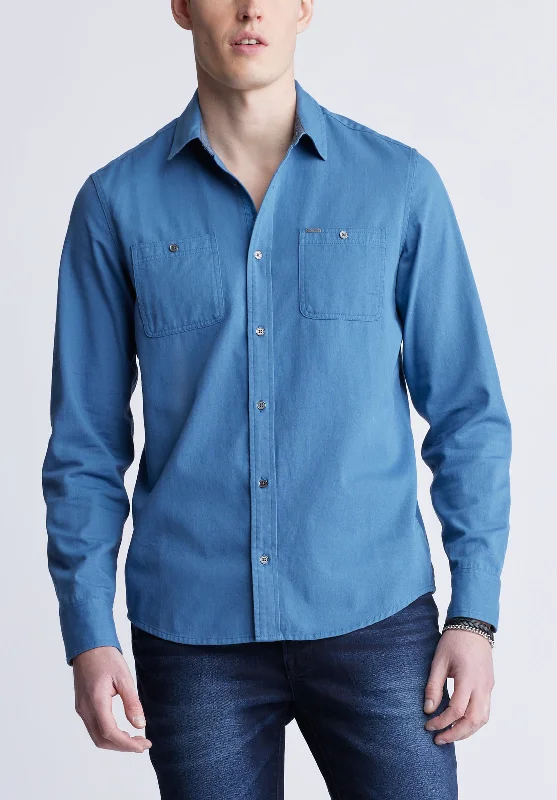 Men's button-up shirt-Men's workout-ready athletic t-shirt-Sagrani Men's Long Sleeve Woven Shirt, Blue - BM24403