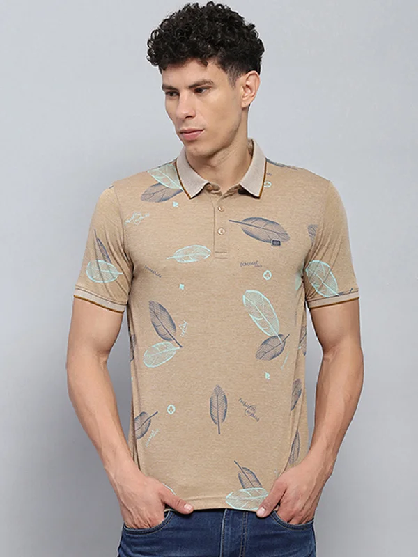 Men's ultra-breathable gym t-shirt-Men Beige Printed Collar Half Sleeve T-Shirt