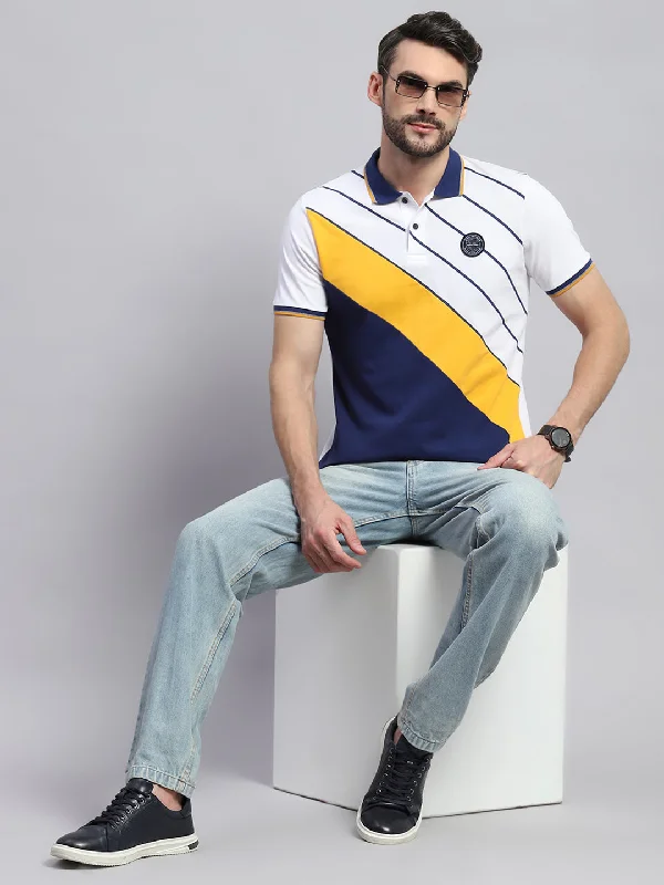 Men's lightweight athletic wear t-shirt-Men White & Blue Stripe Collar Half Sleeve T-Shirt