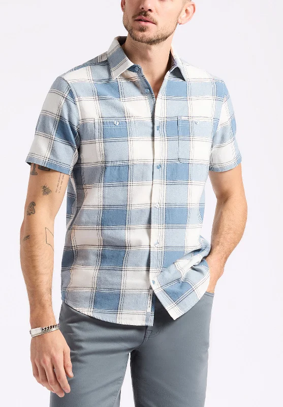 Men's luxury shirt-Men's durable sports t-shirt-Sagrino Men's Short-Sleeve Plaid Button-Up Fitted Shirt, Mirage Blue - BM24553