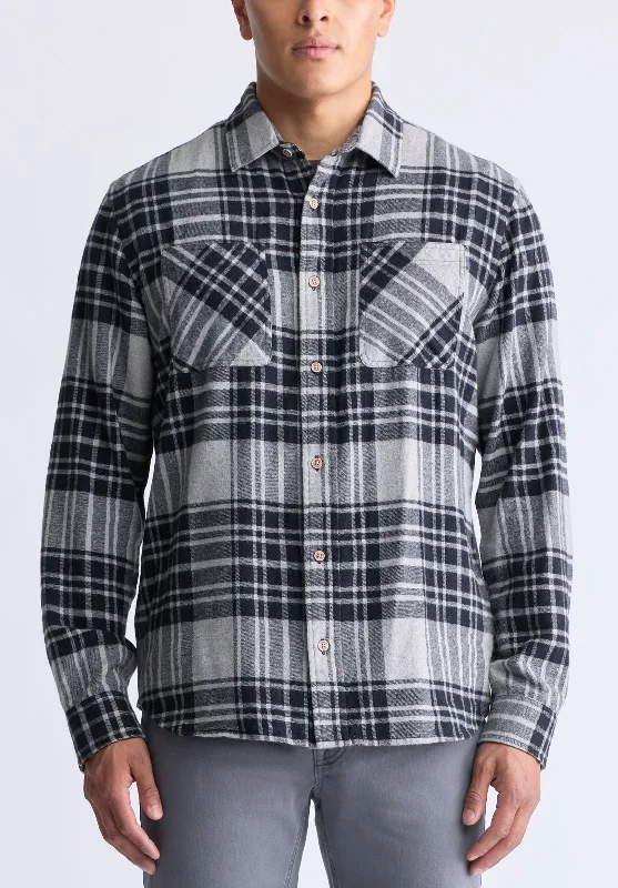 Men's polyester shirt-Men's premium workout t-shirt-Sinato Men's Classic Plaid Shirt, Grey - BM24449