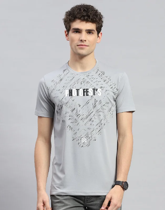 Men's workout-ready athletic t-shirt-Men Grey Printed Round Neck Half Sleeve T-Shirt