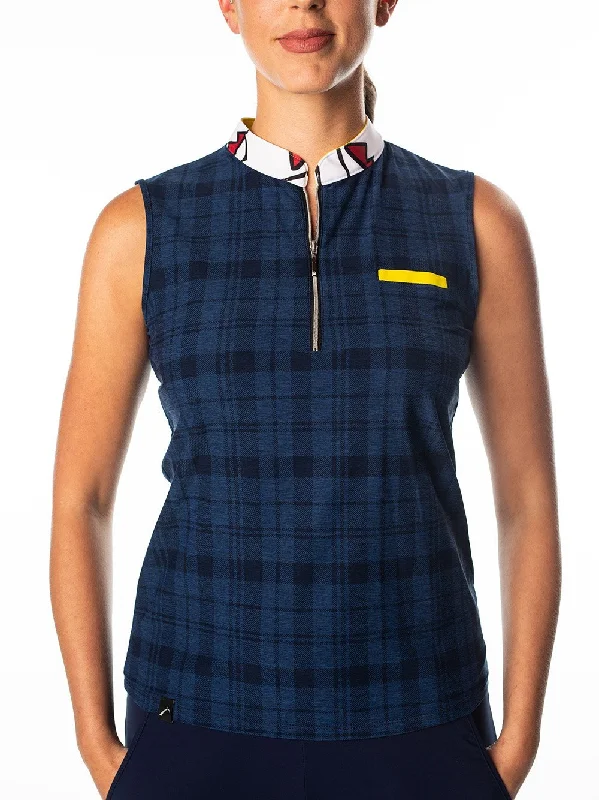 Men's tech-fabric travel wear polo shirt-Men's workout-ready athletic t-shirt-Polly Navy Plaid Sleeveless Polo - FINAL SALE