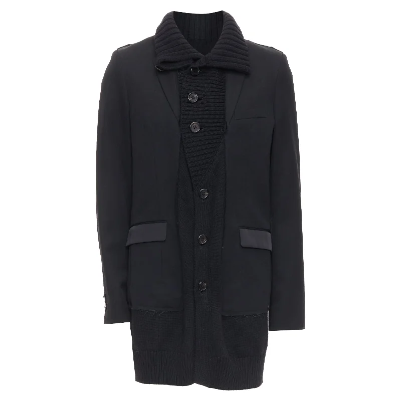 Men's trench coat-Men's weatherproof athletic wear t-shirt-Undercover black wool alpaca rib trim layered long coat