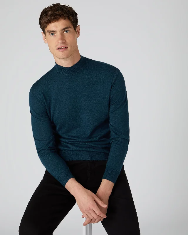 Men's weather-resistant sweater-Men's organic athletic t-shirt-Men's Fine Gauge Cashmere Mock Turtle Neck Sweater Lapis Blue