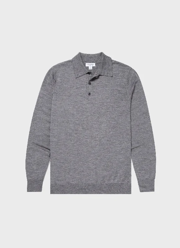 Men's moisture-wicking knitwear-Men's versatile fitness t-shirt-Men's Extra-Fine Merino Polo Shirt in Mid Grey Melange