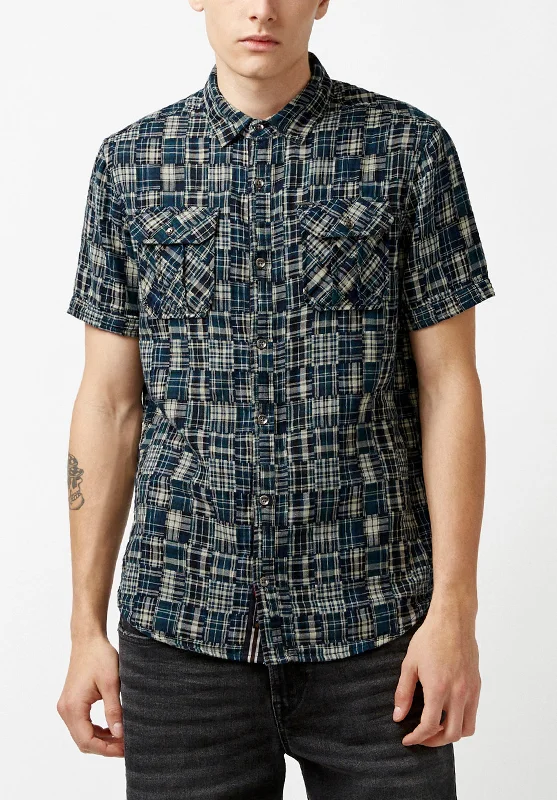 Men's hemp shirt-Men's modern fitness t-shirt-Soqut Men's Short-Sleeve Shirt in Navy Green Plaid - BM23891