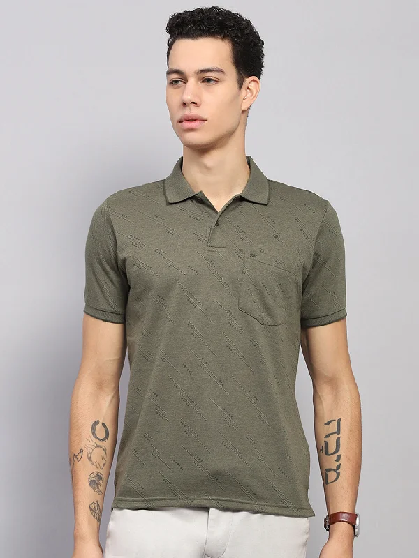 Men's performance sports t-shirt-Men Olive Printed Collar Half Sleeve T-Shirt