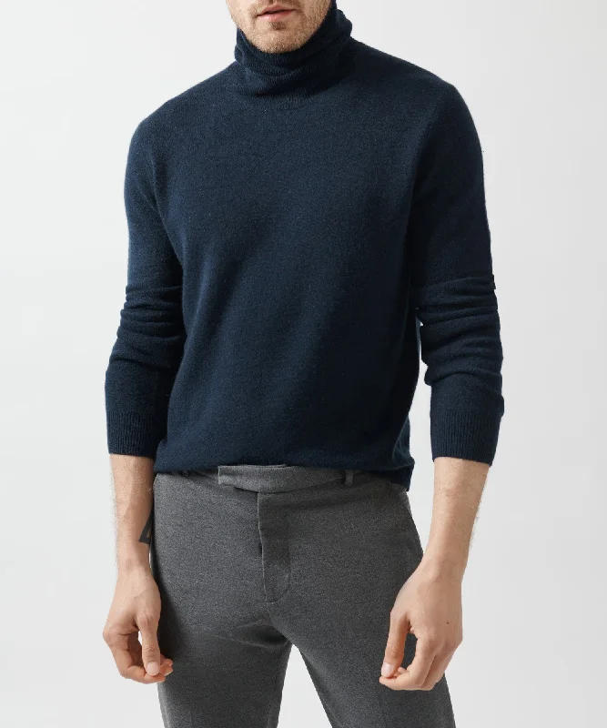 Men's hemp sweater-Men's gym performance t-shirt-Recycled Cashmere Turtleneck Sweater - Midnight